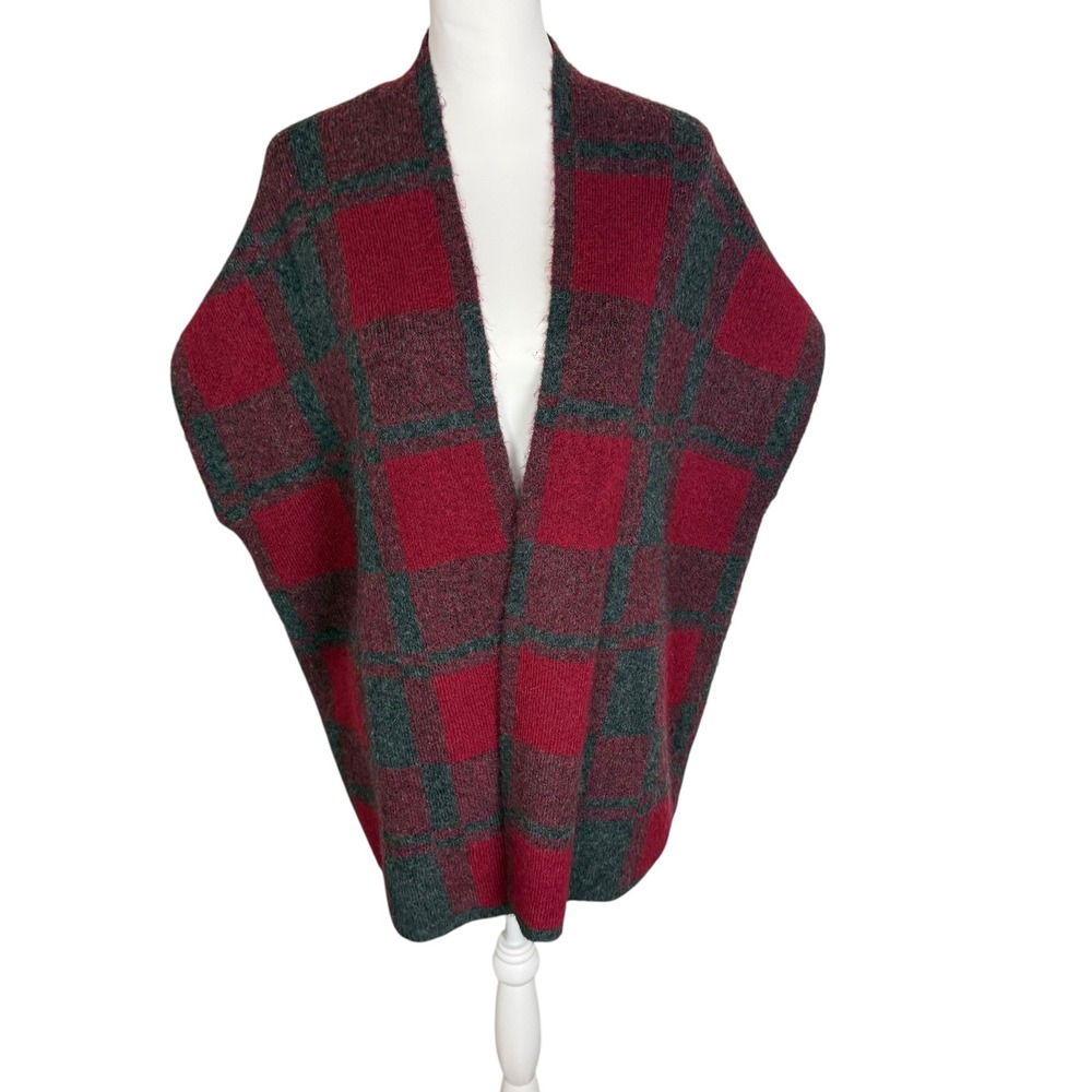 RUFF HEWN Plaid Open Front Vest Poncho Cardigan Womens PM Red Green